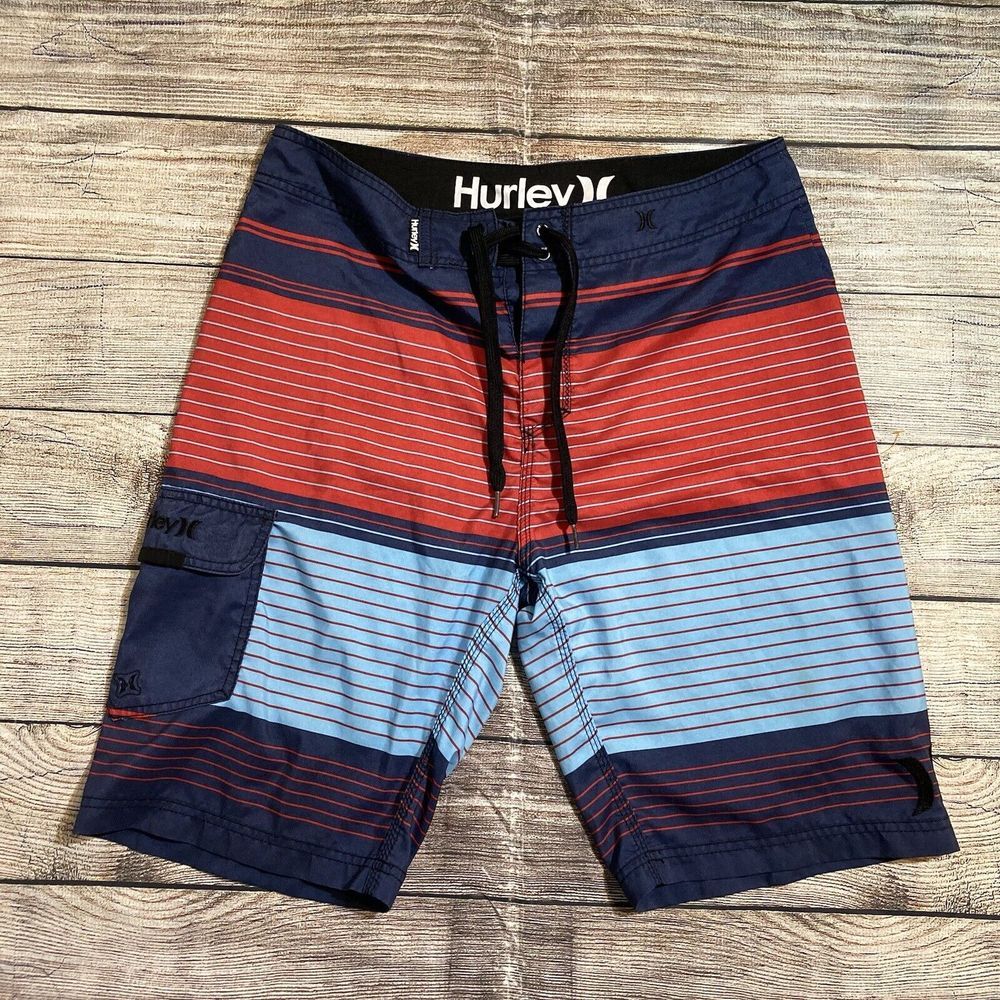 Hurley Men's 32 Blue Red Striped Cargo Pocket Swim Trunks Board Shorts